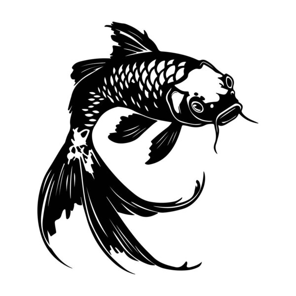 Elegant Black and White Illustration of a Majestic Koi Fish with Flowing Fins and Detailed Scales in an Artistic Style