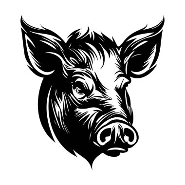 Detailed Black and White Illustration of a Pig Head, Perfect for Farm-Themed Designs or Rustic Culinary Artwork