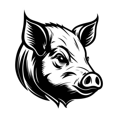 Detailed Black and White Illustration of a Pig's Head Featuring Intricate Line Work and Bold Design Elements for Artistic Use