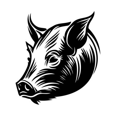 Black and White Linear Illustration of a Pig's Head with Detailed Features and Artistic Style for Creative Projects