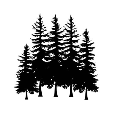 Silhouette of Tall Pine Trees in Forest Scene Perfect for Nature-Themed Backgrounds and Illustrations in Black and White Aesthetic