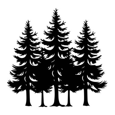 Tall evergreen trees silhouette on a white background for nature-themed designs, outdoor illustrations, or environmental projects and concepts