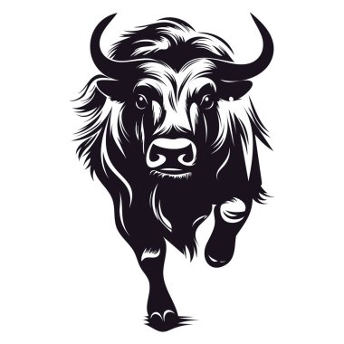 Majestic Wild Bull Illustration in Bold Black and White Design, Perfect for Wildlife Art and Nature-Themed Projects