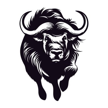 Powerful Buffalo Silhouette Running Forward in Dynamic Pose Against White Background Representing Strength and Wild Nature
