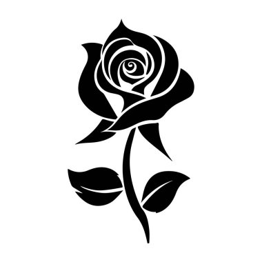 Elegant Black Rose Silhouette with Curved Petals and Stem Ideal for Decorative Designs and Floral Themes