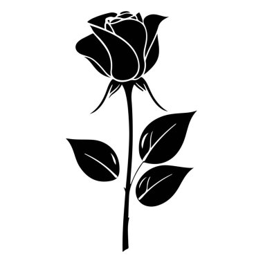 Elegant Black Silhouette of a Rose with Leaves Perfect for Floral Designs and Romantic Themes in Digital and Print Media