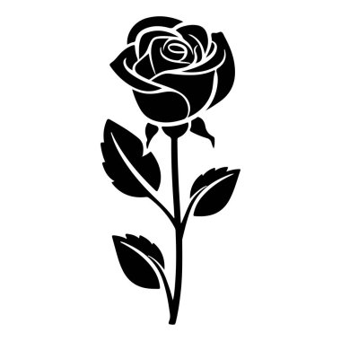 Elegant Black Silhouette of a Single Rose with Leaves on a Stem Perfect for Design and Decoration Purposes in Various Creative Projects