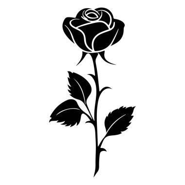 Elegant Black Rose Silhouette with Leaves Perfect for Floral Designs and Creative Projects in Minimalist Style