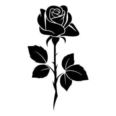 Black silhouette of a single elegant rose with leaves on a white background representing love, beauty, and nature in minimalistic style