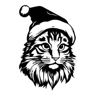 Detailed illustration of a festive cat wearing a Santa hat, perfect for holiday themes, greeting cards, and winter celebrations featuring animals