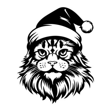 Festive Cat Wearing Santa Hat with Detailed Fur and Expression for Holiday Cheer in Illustrative Style