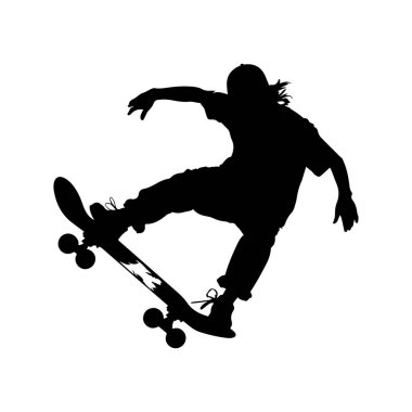 Silhouette of a Young Skater Performing a Skateboard Trick in Mid-Air Against White Background
