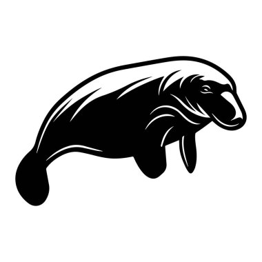 Black and White Illustration of a Manatee Swimming in the Water with Curved Body and Smooth Lines