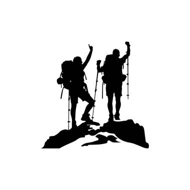Silhouette of Two Hikers Celebrating on Top of Mountain Peak Against Sunrise Background, Symbolizing Adventure and Achievements in Nature