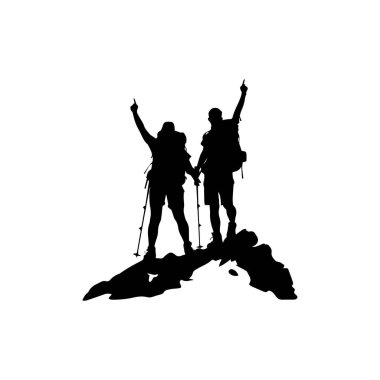 Silhouette of Two Hikers Celebrating Summit Achievement with Raised Hands Against a White Background