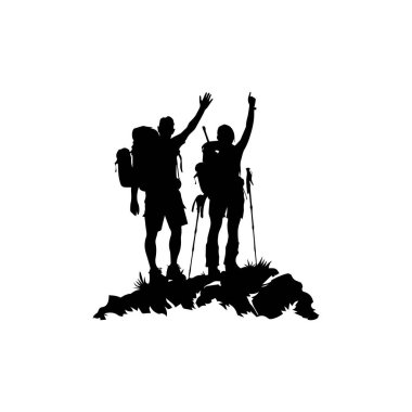 Two Silhouetted Hikers Celebrating Victory on Mountain Summit Against White Background