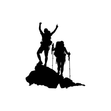 Silhouette of Two Hikers Celebrating on Mountain Peak Against Clear Sky at Sunset in Black and White Design