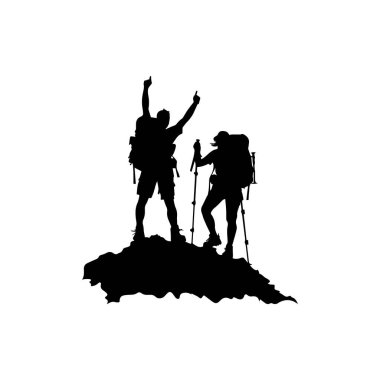 Silhouetted Hikers Celebrating on Mountain Peak, Expressing Triumph and Adventure in Nature