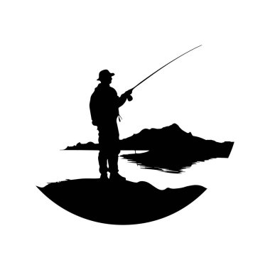 Silhouette of a Fisherman Casting a Rod by Tranquil Waters Against a Scenic Mountainous Background at Sunset or Sunrise