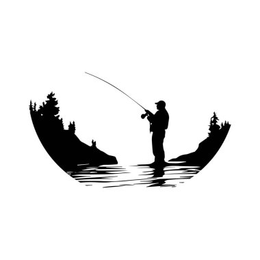 Fisherman Casting a Line Silhouette Over Calm Water Surrounded by Trees and Nature Background at Sunset or Sunrise in Tranquil Setting