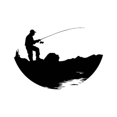 Silhouette of a Fisherman Casting a Line on a Calm Lake Surrounded by Scenic Nature and Peaceful Landscape at Sunset or Sunrise