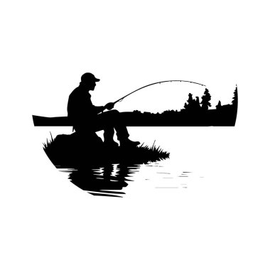 Fisherman Silhouette Casting Rod on Tranquil Lake During Sunset with Reflections of Calm Water and Nature