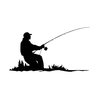 Silhouette of a Fisherman Casting a Line over Calm Waters Surrounded by Lush Trees and Scenic Landscape at Sunset
