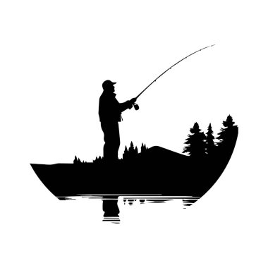 Silhouette of a Fisherman Casting Line from a Small Boat on a Calm Lake Surrounded by Pine Trees at Dusk