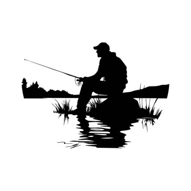 Silhouette of a Fisherman Sitting by the Water's Edge at Sunset Amidst Nature's Tranquility and Reflective Water Surfaces in a Scenic Landscape