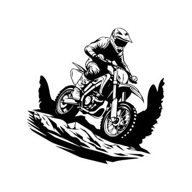 Dynamic Motocross Rider Performing a Leap Over Rocky Terrain in Black and White Illustration