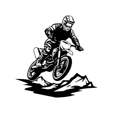 Action-packed motocross rider jumping over mountains in a dynamic off-road adventure scene with dramatic motion and excitement.