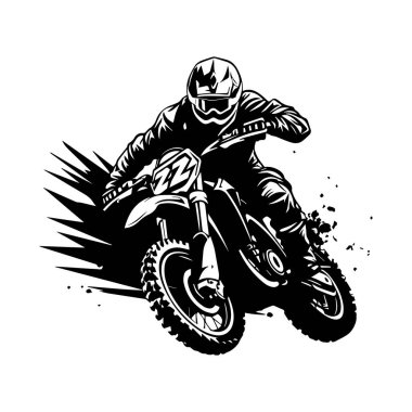 Dynamic Off-Road Motorcyclist Riding in Action with Dust and Speed Elements Captured in Bold Black and White Illustration