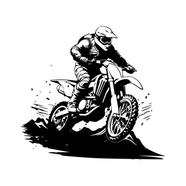 Dynamic Motorcycle Rider Executing Jump on Rugged Terrain in Black and White Illustration for Action and Adventure Themes