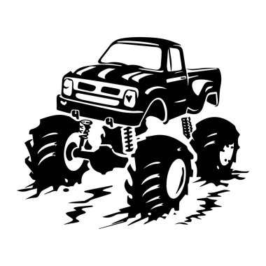 Black silhouette of a classic monster truck splashing through water, showcasing massive tires and rugged design for an adventurous outdoor scene