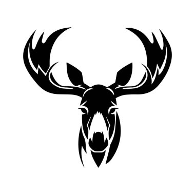 Black and White Stylized Illustration of a Moose Head with Antlers in Minimalistic Style for Nature and Wildlife Themes