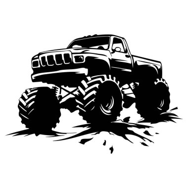 Bold Off-Road Pickup Truck with Large Tires Splashing Mud on a Rugged Terrain in Black and White Illustration