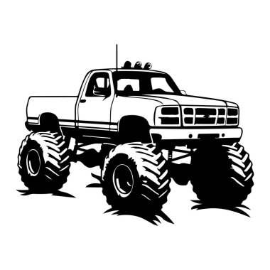 Bold and Powerful Monster Truck with Large Tires for Off-Road Adventures in a Black and White Illustration Style