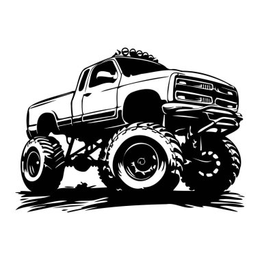 Black and White Illustration of a High-Performance Off-Road Truck with Oversized Tires and Elevated Suspension for Comic or Graphic Use