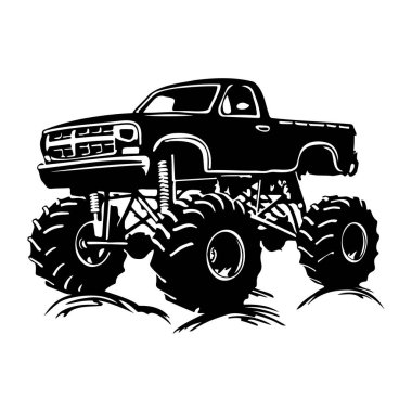 Black silhouette of a monster truck with oversized tires splashing through dirt and mud in an action-packed scene