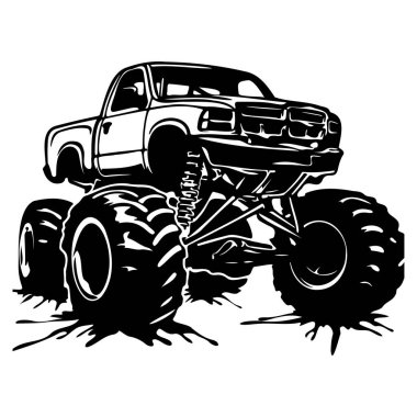 Black and White Illustration of a Monster Truck on Massive Tires in Off-Road Terrain