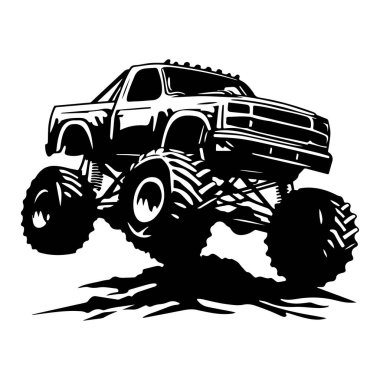 Detailed Black and White Illustration of a Mighty Monster Truck Off-Roading on Rough Terrain with Bold Wheels and Dynamic Posture