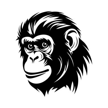 Black and White Stylized Illustration of a Primate Head with Expressive Features and Smooth Lines Suitable for Various Creative Projects