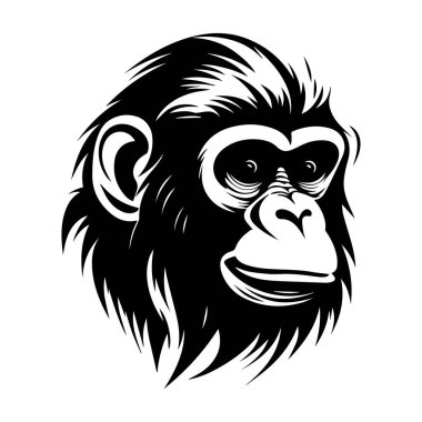 Black and White Stylized Illustration of a Chimpanzee Head Featuring Thick Fur and Expressive Features for Creative Projects