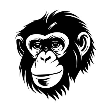 Black and White Illustration of a Monkey Head, Detailed Artistic Representation of a Chimpanzee with Bold Lines and Creative Design Elements