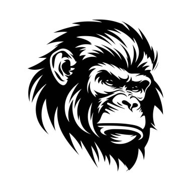 Fierce Gorilla Head Illustration in Black and White Style for Wildlife, Nature, and Animal-themed Projects and Designs