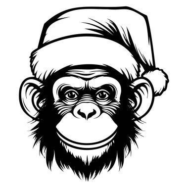 Stylish Christmas Monkey Wearing Santa Hat in Black and White, Perfect for Holiday Designs and Creative Projects