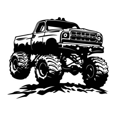 Black silhouette of a powerful monster truck with oversized tires expertly designed for off-road adventures and thrilling performances in motorsport events