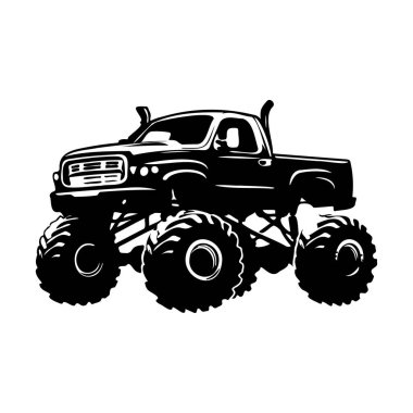 Black silhouette of a powerful monster truck with oversized tires, showcasing strength and energy on a white background for graphic design use.
