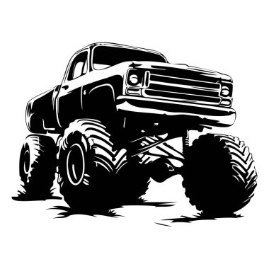 Black and White Illustration of a Classic Monster Truck on Large Tires with Bold Design Elements and Distinct Lines