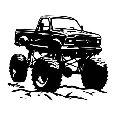 Black Monster Truck Illustration with Large Tires for Off-Road Adventures and Events on a White Background